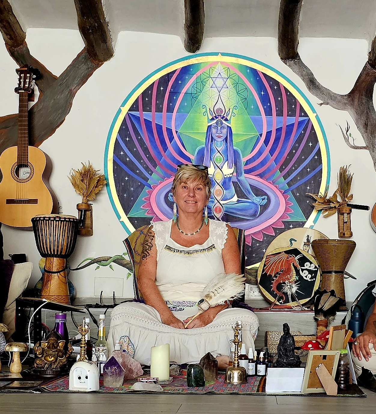 20250915_165450 Shaman Sue Holmes completing a session, smiling into the distance